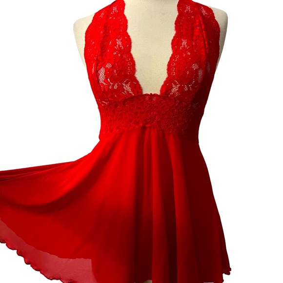 Sale-Rene Rofe Ultra Mini Chemise in Red, Sheer wirh Lace Halter, Stretch, Small - Picture 1 of 8